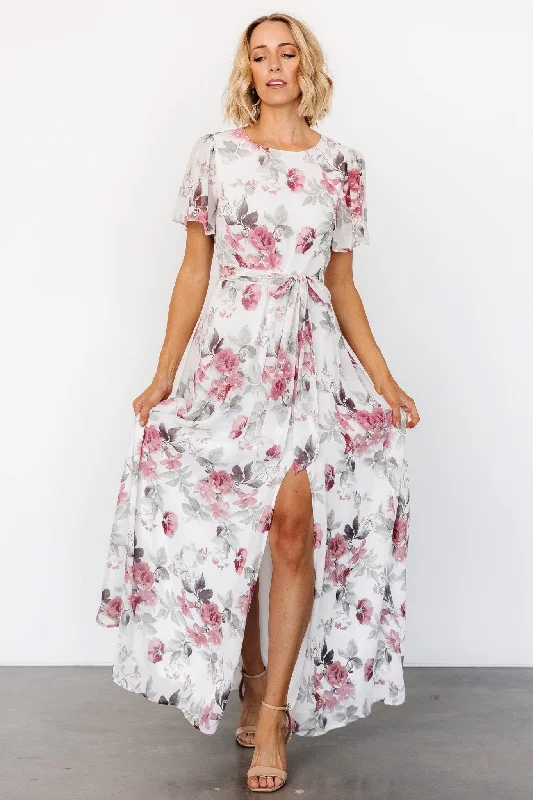 Naomi Short Sleeve Maxi Dress | Off White + Rose Floral Cozy Knit Maxi Dress