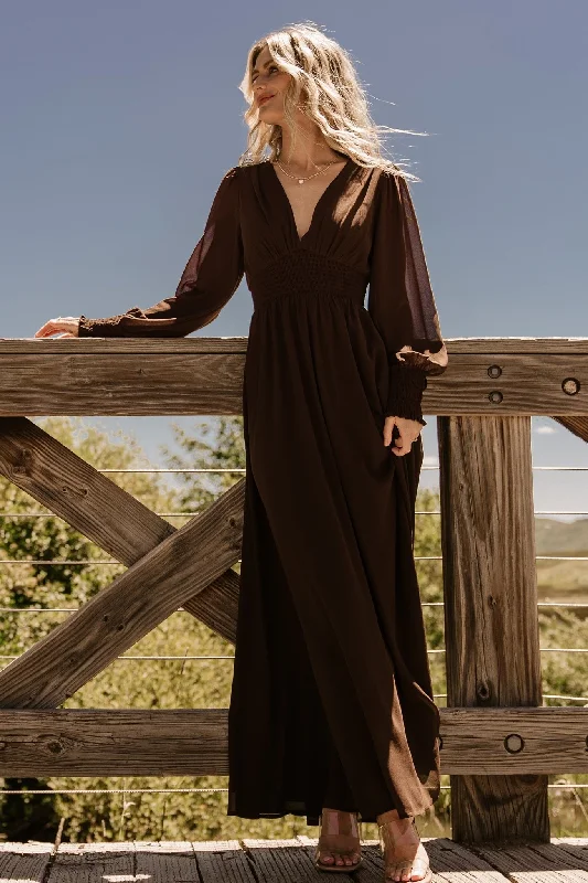 Olivia Maxi Dress | Dark Brown Trendy Fit-and-Flare Maxi Dress