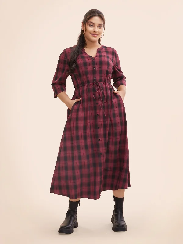 Plaid Drawstring Notched Pocket Maxi Dress Stylish One-Shoulder Maxi Dress