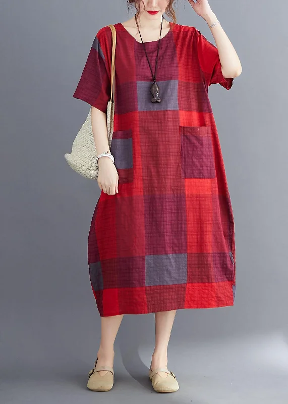 Plus Size Corron Linen Red O Neck Plaid Summer Maxi Dresses Fashionable Off-Shoulder Maxi Dress Plus Size Corron Linen Red O Neck Plaid Summer Maxi Dresses Fashionable Off-Shoulder Maxi Dress