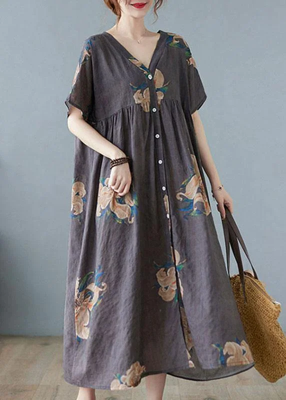 Plus Size Grey Retro Button Summer Print Half Sleeve Maxi Dress Comfortable Maxi Dress with Belt