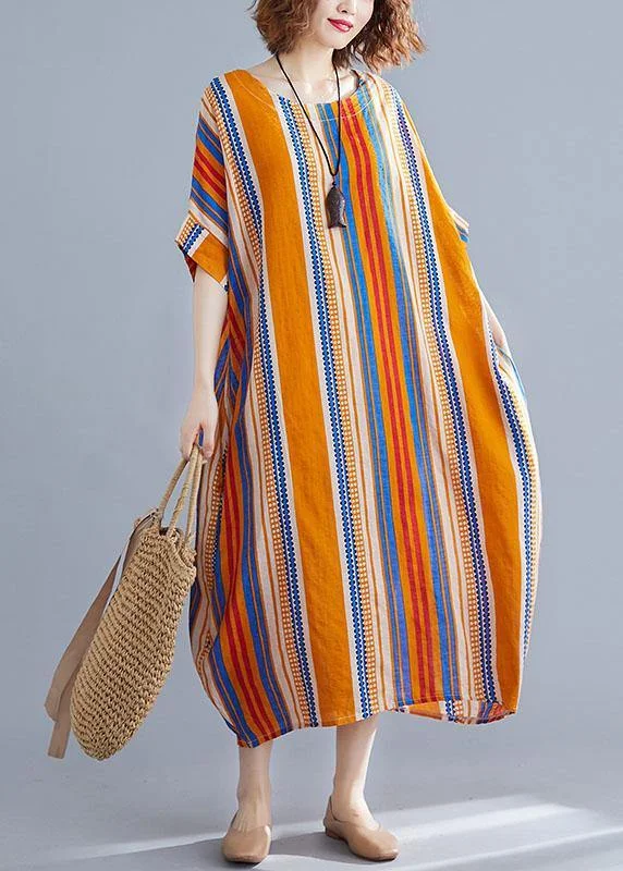 Plus Size Orange O-Neck Striped Summer Cotton Maxi Dresses Cozy Maxi Dress with Slit