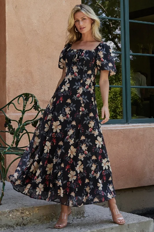 Raelynn Maxi Dress | Black Floral Trendy V-Neck Maxi Dress