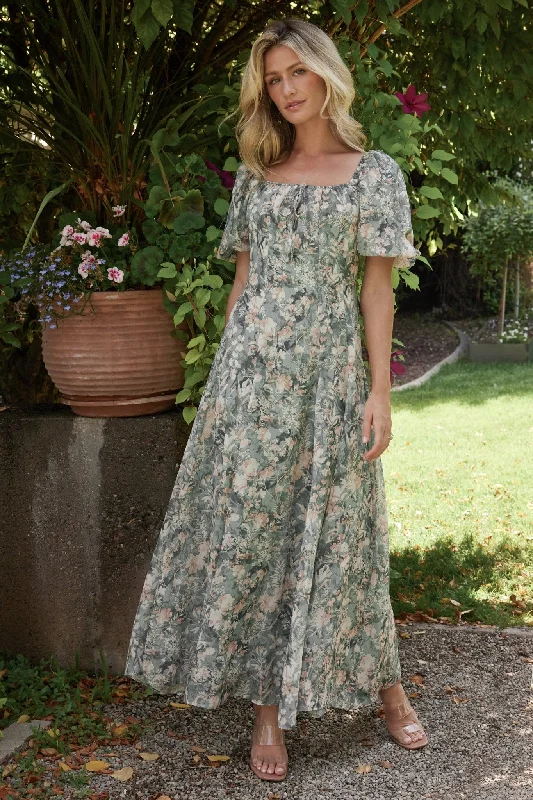 Raelynn Maxi Dress | Sage Floral Trendy Maxi Dress with Bow