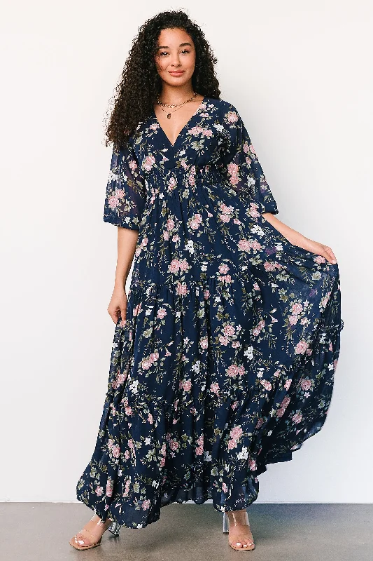 Sawyer Tiered Maxi Dress | Navy + Pink Chic Button-Up Maxi Dress