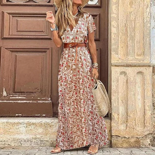 Amy Fashion - Sexy V-neck Short Sleeve Belted Maxi Dress Cozy Longline Maxi Dress