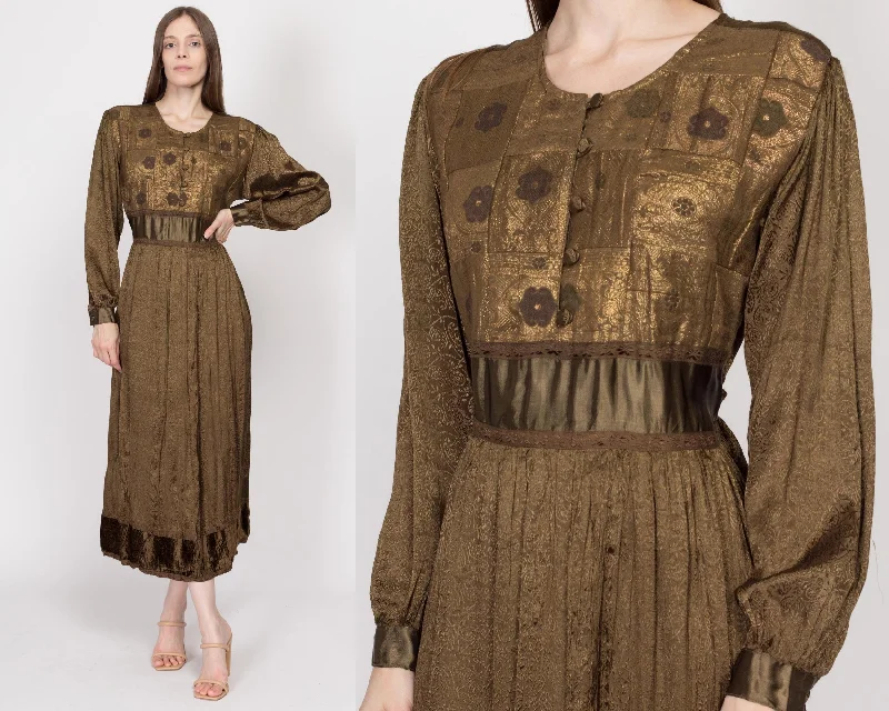 Sm-Med 90s Boho Olive Brocade Maxi Dress Comfortable Cotton Maxi Dress