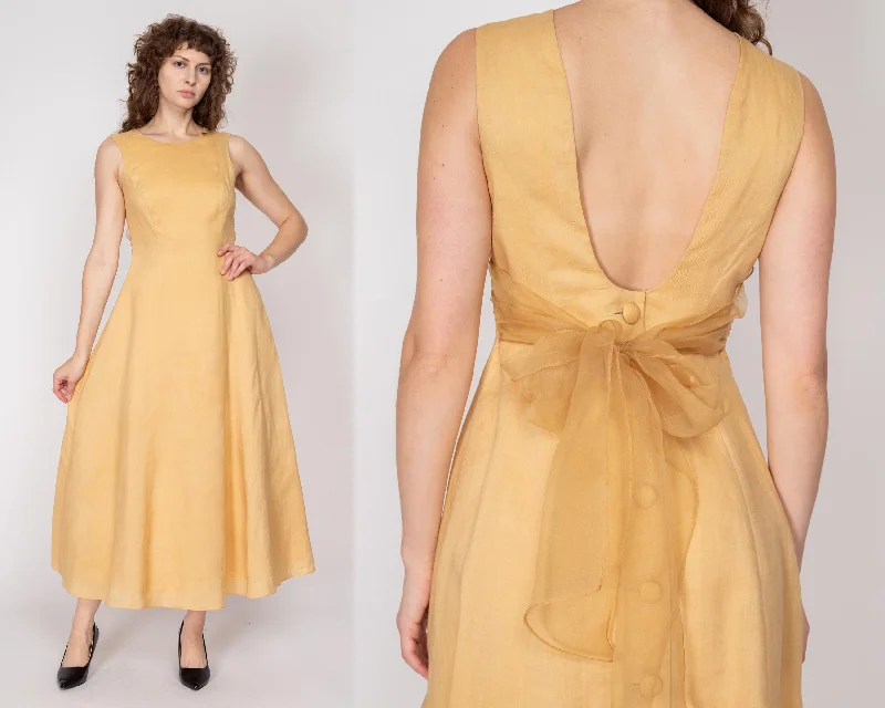 Sm-Med 90s Golden Yellow Low Back Chiffon Tie Maxi Dress, As Is Trendy Button Front Maxi Dress