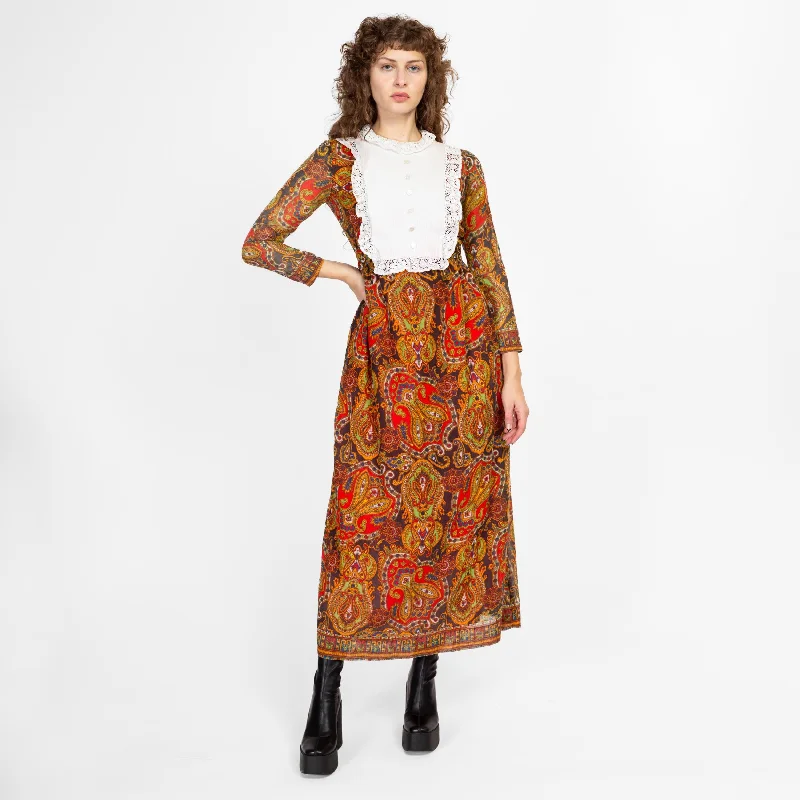 Small 60s 70s Boho Paisley Bib Maxi Dress Comfortable Flowy Maxi Dress