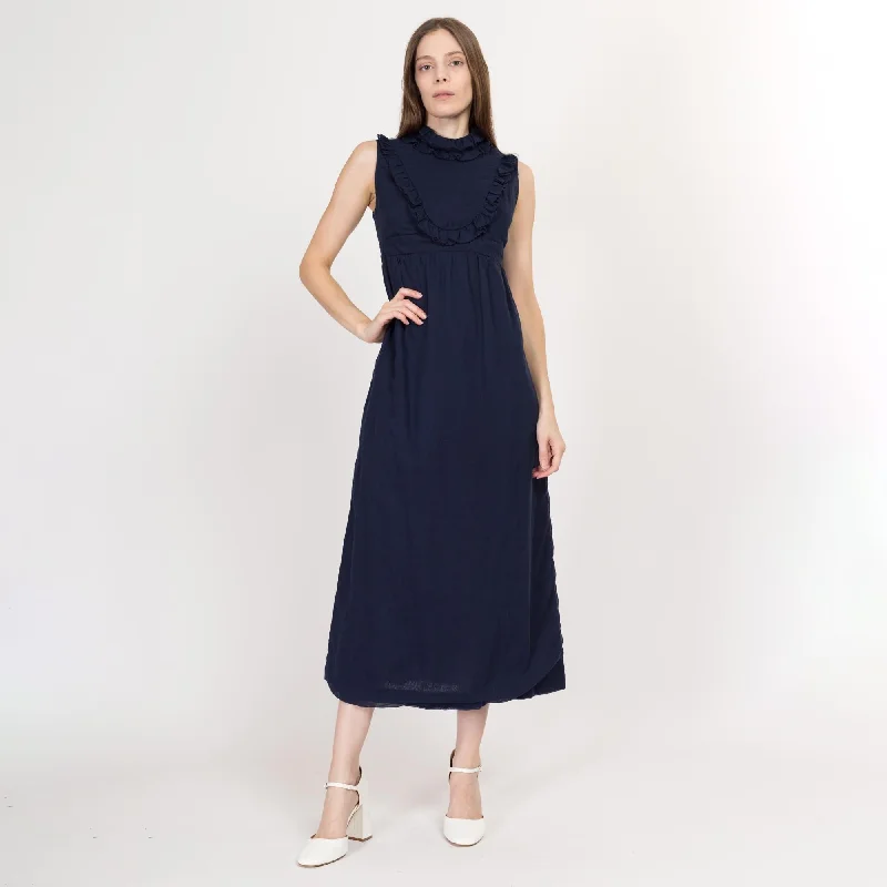 Small 60s Navy Blue Bib Maxi Dress Classic A-Line Maxi Dress