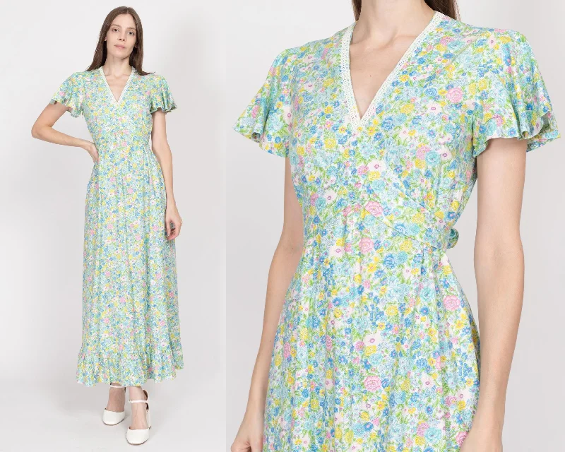 Small 70s Blue & Green Floral Flutter Sleeve Maxi Dress Comfortable Satin Maxi Dress