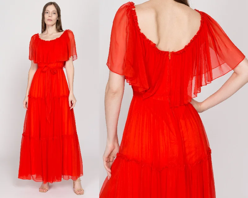 Small 70s Boho Blood Orange Chiffon Capelet Maxi Dress Comfortable Fitted Maxi Dress Small 70s Boho Blood Orange Chiffon Capelet Maxi Dress Comfortable Fitted Maxi Dress