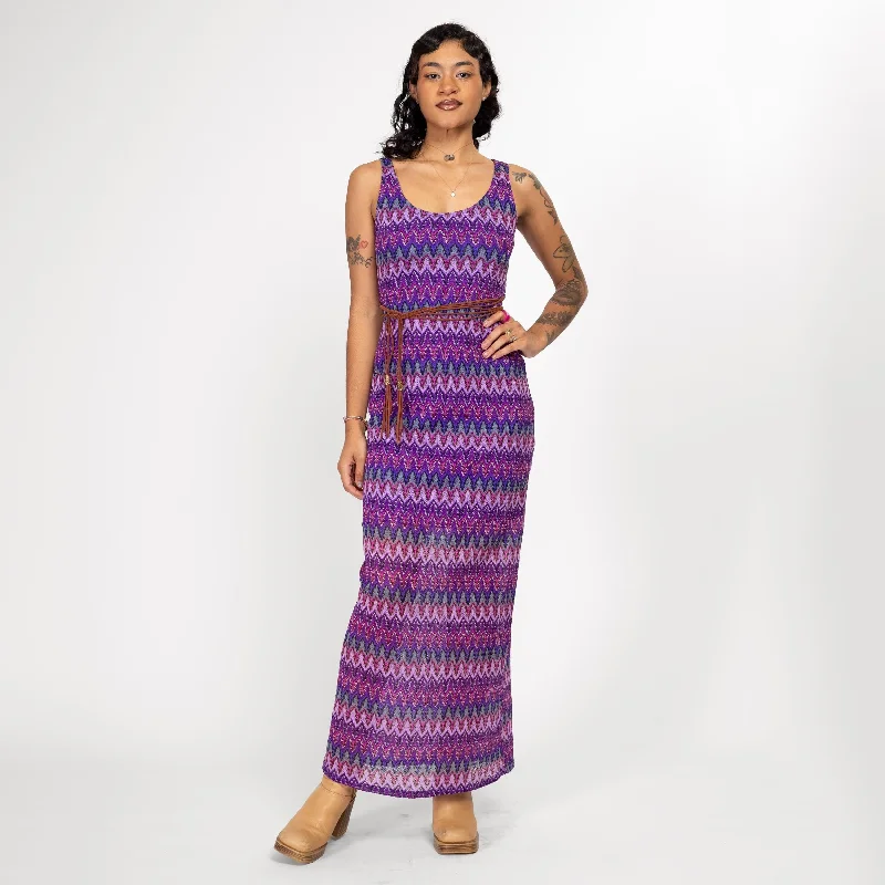 Small Y2K Boho Purple Flame Stitch Knit Maxi Dress Cozy Maxi Dress with Slit