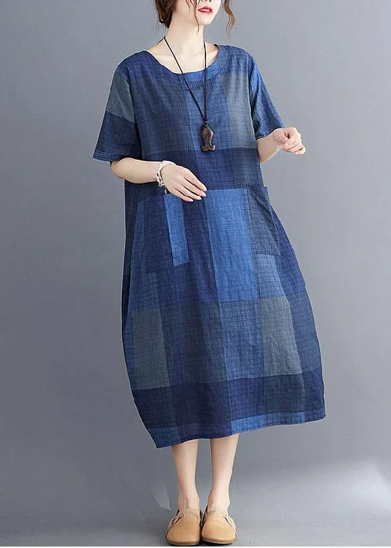 Stylish Blue O Neck Plaid Maxi Dresses Cotton Linen Summer Stylish Pleated A-Line Maxi Dress