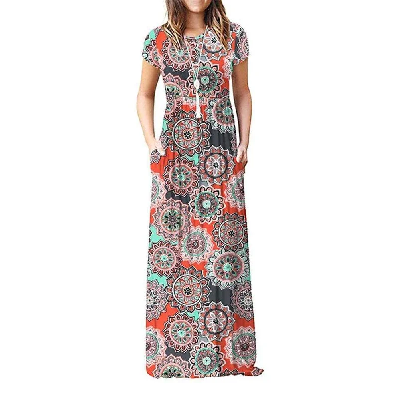 FashionSierra - Summer Short Sleeve Long Dress Floral Print Boho Beach Dress Tunic Maxi Dress Fashionable Off-Shoulder Maxi Dress