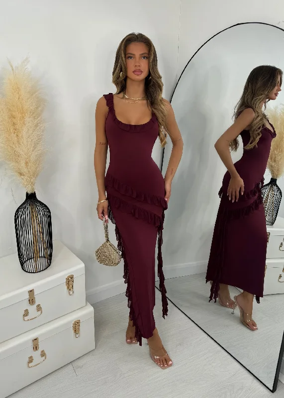 Sweet Intentions Ruffle Maxi Dress - Burgundy Trendy Maxi Dress with Lace