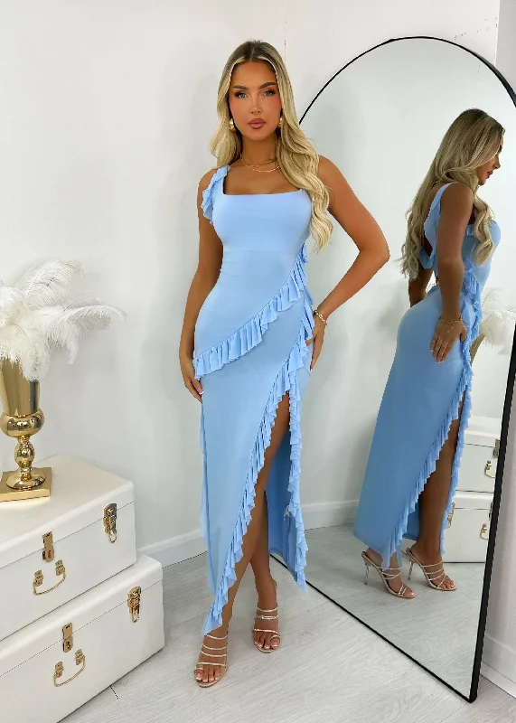 Sweet Intentions Ruffle Maxi Dress - Blue Trendy Short Sleeve Maxi Dress