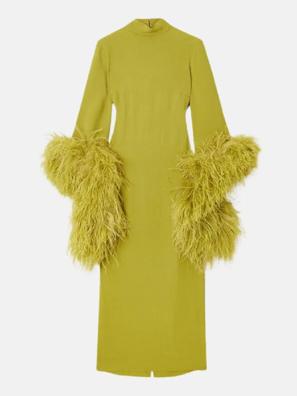 Turtleneck Feather Trimmed Crepe Maxi Dress Comfortable Long-Sleeve Maxi Dress