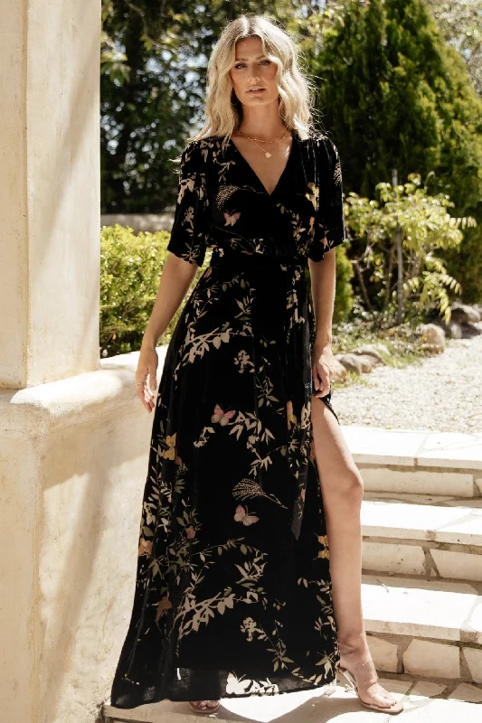 Uma Velvet Maxi Dress | Black Butterfly Print Fashionable Printed Maxi Dress