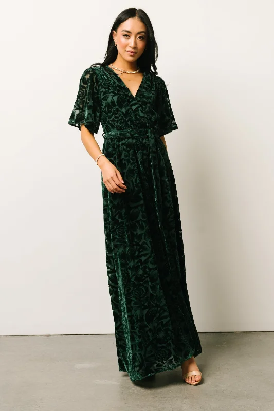 Uma Velvet Maxi Dress | Dark Green Elegant Pleated Maxi Dress