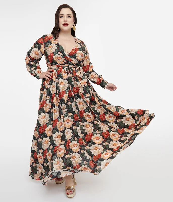 Unique Vintage Plus Size 1970s White & Red Floral Farrah Maxi Dress Comfortable Ruffle Maxi Dress