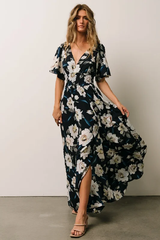 Verona Smocked Maxi Dress | Navy + White Floral Cozy Wrap Maxi Dress