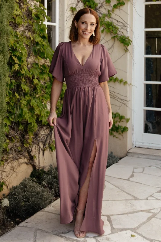 Verona Smocked Maxi Dress | Vintage Plum Fashionable Off-Shoulder Maxi Dress