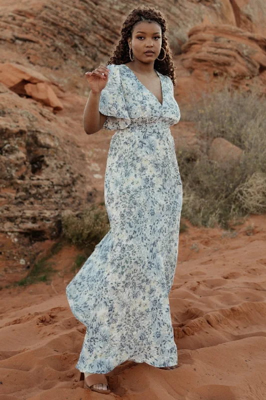 Verona Smocked Maxi Dress | White + Blue Print Elegant Wraparound Maxi Dress