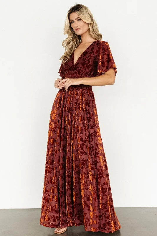 Veronica Velvet Maxi Dress | Rust Trendy Fit-and-Flare Maxi Dress