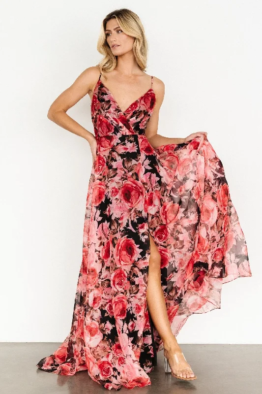 Vivienne Maxi Dress | Pink + Black Floral Trendy Off-Shoulder Ruffle Maxi Dress