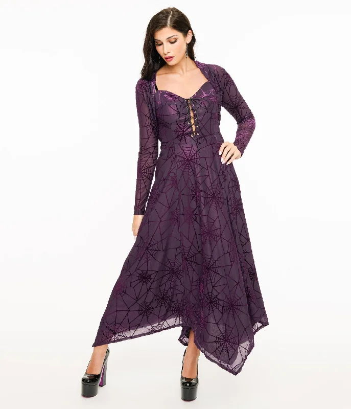 Wax Poetic Purple & Black Spiderweb Willow Maxi Dress & Bolero Set Trendy Maxi Dress with Lace