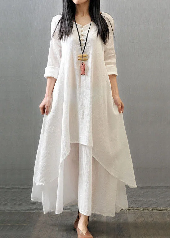 Women Long Sleeve Double Layers Button Asymmetric Vintage Maxi Dress Classic A-Line Maxi Dress