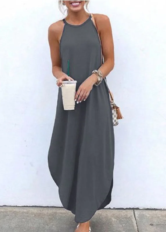 Women Sleeveless Straps High Low Hem Solid Causal Maxi Dress Trendy V-Neck Maxi Dress