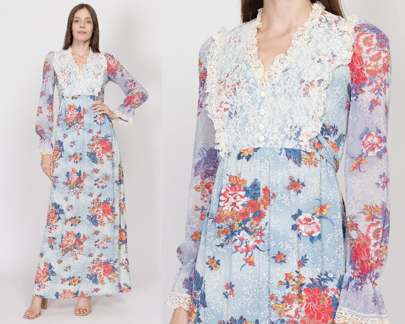 XS 70s Boho Blue Floral Cloudy Sky Maxi Dress Elegant Velvet Maxi Dress