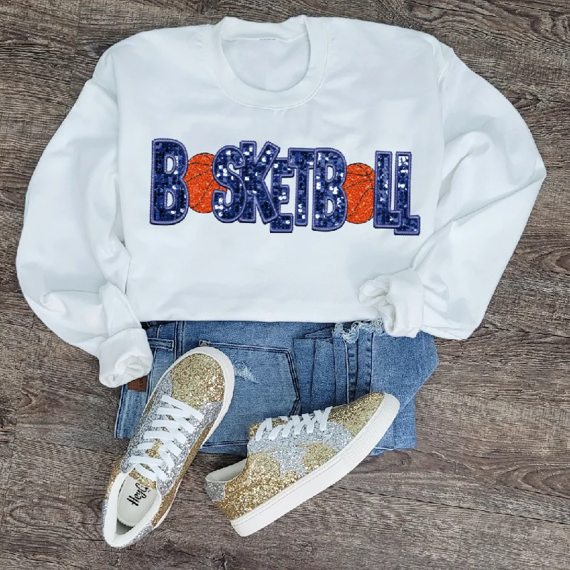 Hazel Blues® | Basketball Faux Chenille Sequin Patches Sweatshirt: Navy Hoodie with Hem Fringe Bohemian Relaxed Hazel Blues® | Basketball Faux Chenille Sequin Patches Sweatshirt: Navy Hoodie with Hem Fringe Bohemian Relaxed