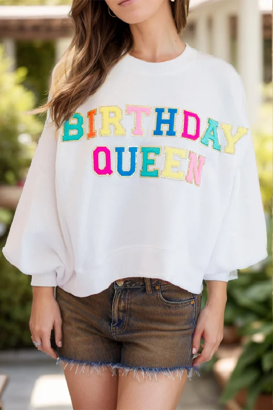 BIRTHDAY QUEEN Sequin Round Neck Long Sleeve Sweatshirt Hoodie with Bell Sleeves Flared Feminine