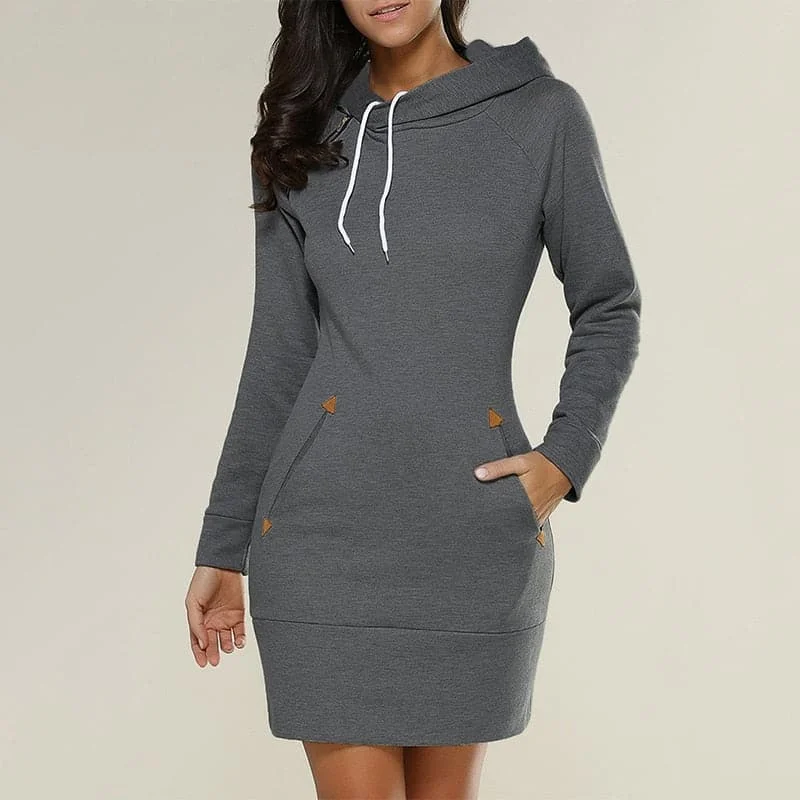 Spring Ladies Knee-Length Dress Hooded Warm Sweatshirt Hoodie with Pocket Utility Practical