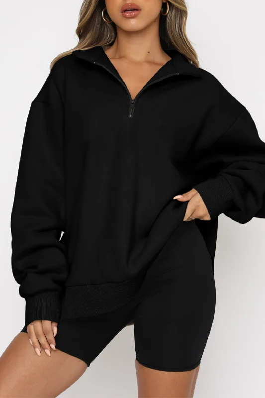 Black Quarter Zip Up Oversized Sweatshirt Hoodie Jacket Zipper Layering