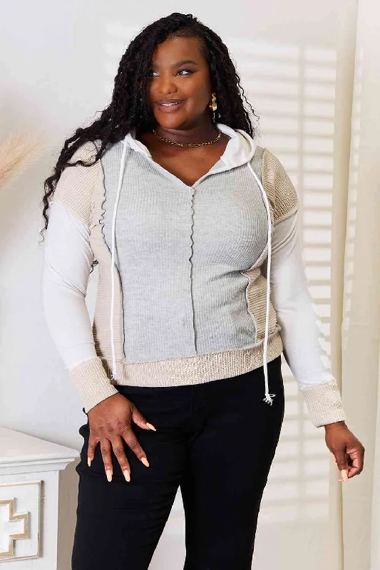 Hazel Blues® | Double Take Color Block Exposed Seam Drawstring Hoodie Hoodie with Turtle Neck Cozy Winter Hazel Blues® | Double Take Color Block Exposed Seam Drawstring Hoodie Hoodie with Turtle Neck Cozy Winter
