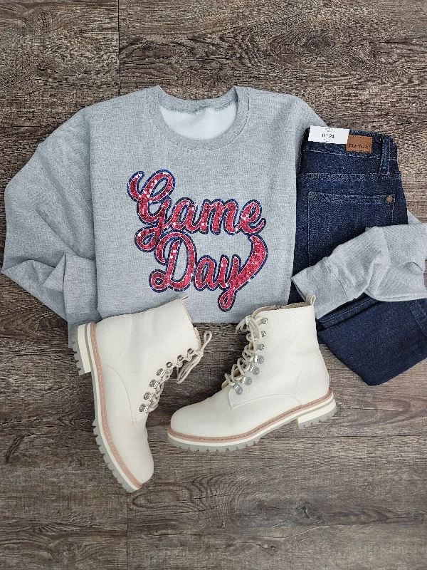 Hazel Blues® | Game Day Faux Chenille Sequin Patches Sweatshirt: Red & Navy Hoodie with Zipper Placket Modern Functional Hazel Blues® | Game Day Faux Chenille Sequin Patches Sweatshirt: Red & Navy Hoodie with Zipper Placket Modern Functional