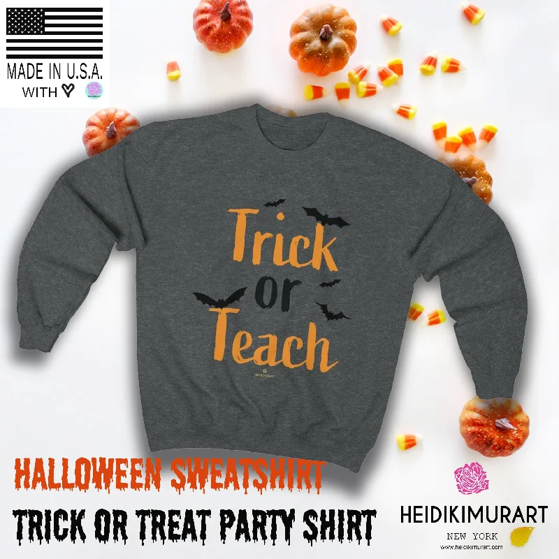 Fun Trick or Teach Bats Print Unisex Crewneck Sweatshirt For Teachers -Made in USA Hoodie with Rhinestones Sparkly Elegant