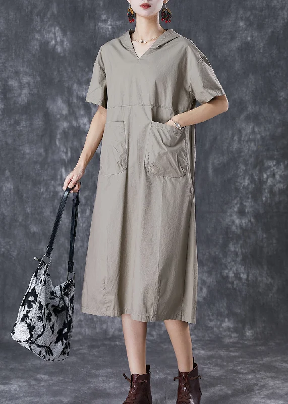 Grey Oversized Cotton Loose Sweatshirt Dress Hooded Pockets Summer Hoodie with Tied Waist Feminine Flattering