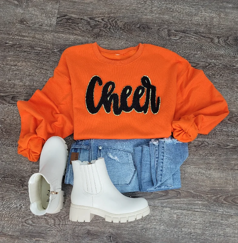 Hazel Blues® | Cheer Script Chenille Patch Sweatshirt Hoodie with Strings Custom Fit Adjustable Hazel Blues® | Cheer Script Chenille Patch Sweatshirt Hoodie with Strings Custom Fit Adjustable