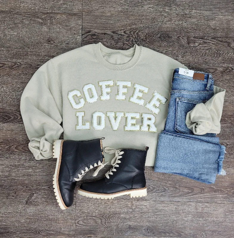 Hazel Blues® | Coffee Lover Chenille Patch Sweatshirt Hoodie with Color Block Contrast Stylish Hazel Blues® | Coffee Lover Chenille Patch Sweatshirt Hoodie with Color Block Contrast Stylish