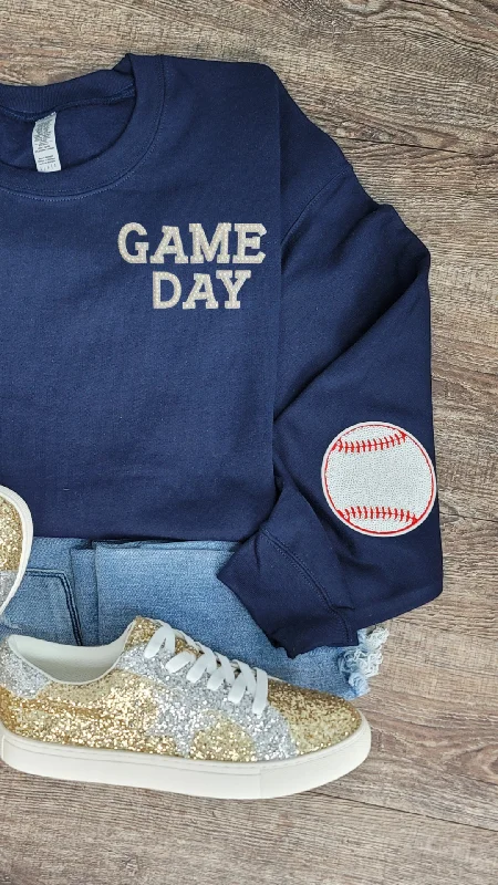 Hazel Blues® | Game Day Pearl w/Baseball Patch Sweatshirt Hoodie with Tied Waist Feminine Flattering Hazel Blues® | Game Day Pearl w/Baseball Patch Sweatshirt Hoodie with Tied Waist Feminine Flattering