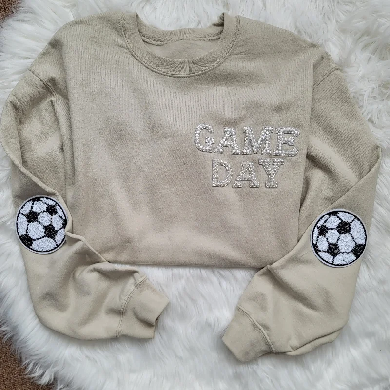 Hazel Blues® |  Game Day Pearl w/Soccer Patch Sweatshirt Hoodie with Typography Text Message