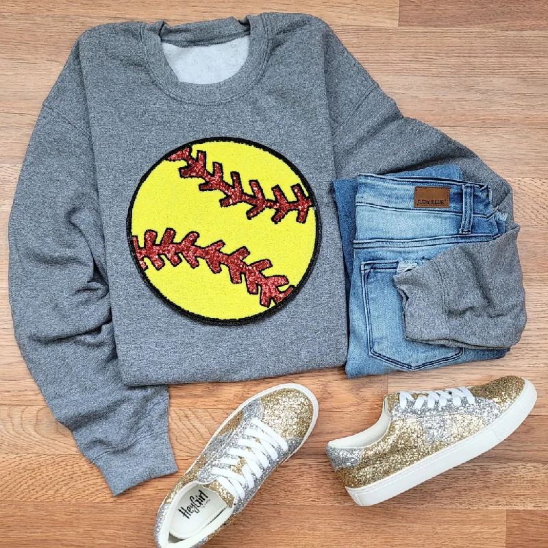 Hazel Blues® |  Large Softball Chenille Patch Sweatshirt Hoodie with Raw Hem Edgy Unfinished