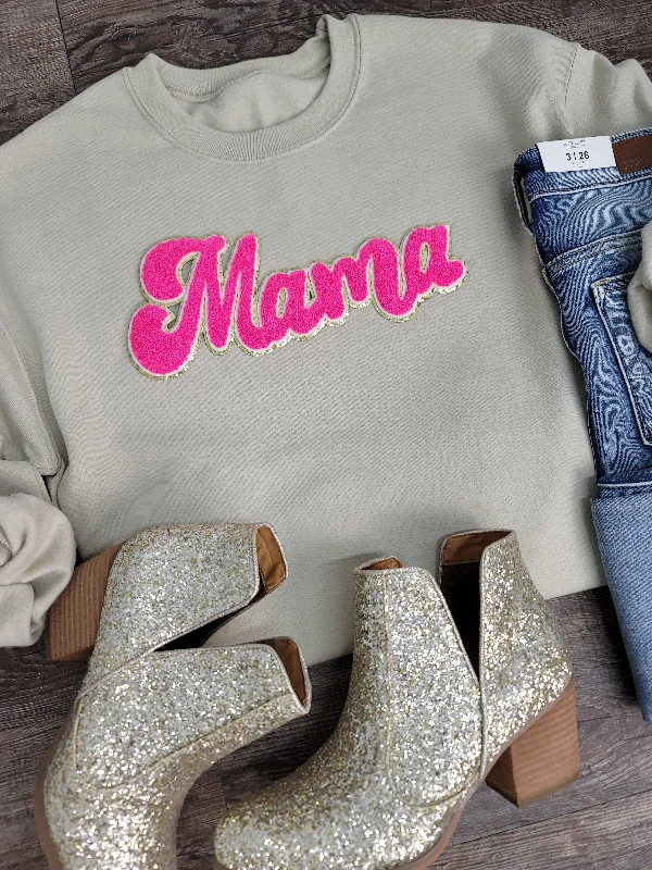 Hazel Blues® | Mama Script Chenille Patch Sweatshirt Hoodie with Thumb Holes Functional Cozy Hazel Blues® | Mama Script Chenille Patch Sweatshirt Hoodie with Thumb Holes Functional Cozy