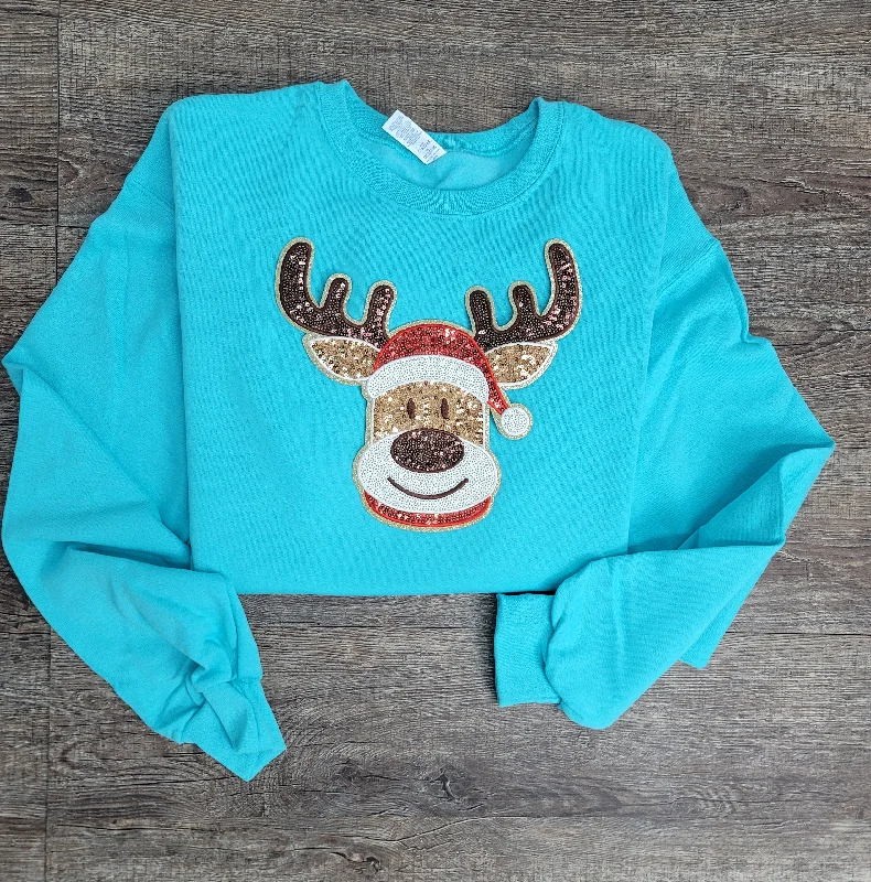 Hazel Blues® |  Reindeer Sequin Patch Sweatshirt Hoodie with Hem Lace Feminine Delicate