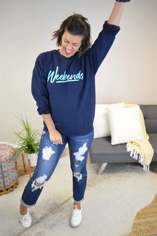 Hazel Blues® | Weekends Graphic Sweatshirt Hoodie with Mock Neck Collared Structured Hazel Blues® | Weekends Graphic Sweatshirt Hoodie with Mock Neck Collared Structured